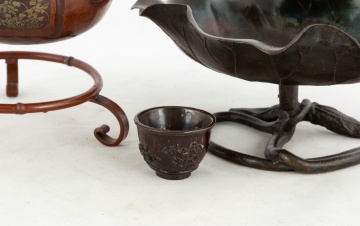 Japanese Mixed Metal Teapot, Bronze Lotus Leave Bowl and Cup